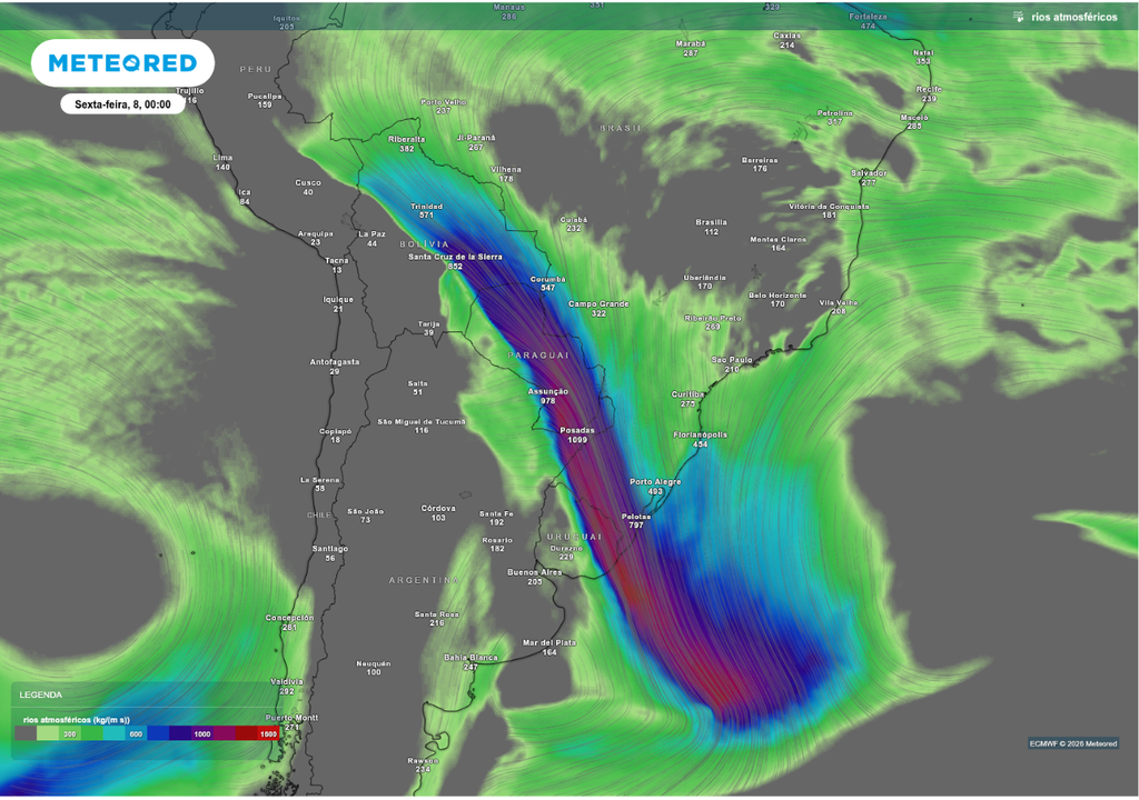 Previsão de rio atmosférico para sexta-feira (8), segundo o ECMWF.