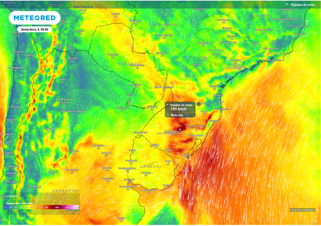 Previsão de rajada de vento para sexta-feira (8), segundo o ECMWF.