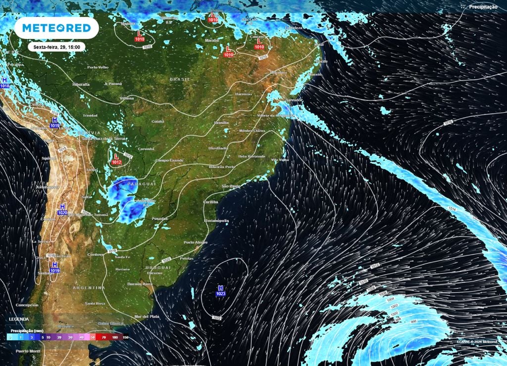 ar polar Previsão de chuva, pressão e direção do ventos para a tarde da sexta-feira, 29 de maio. Ar polar atua mais no oceano e consegue transportar o ar mais frio até o leste do Nordeste.